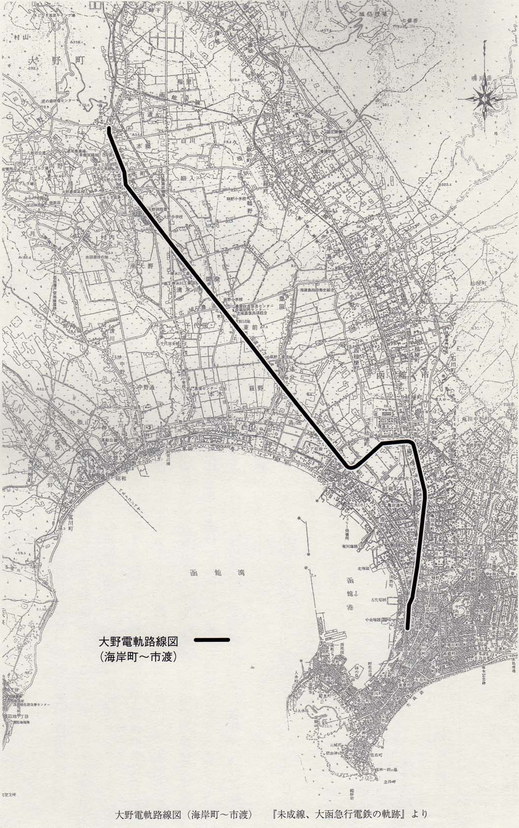 大野電軌路線図（海岸町〜市渡）